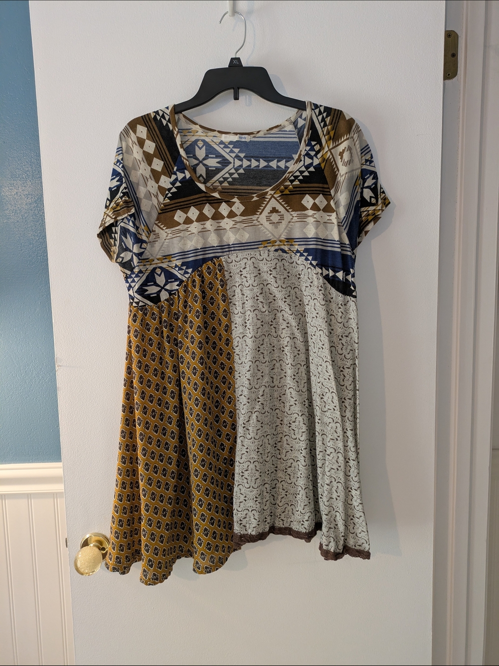 Boho Patchwork Short Sleeve Swing Dress/Tunic in Mustard and Navy